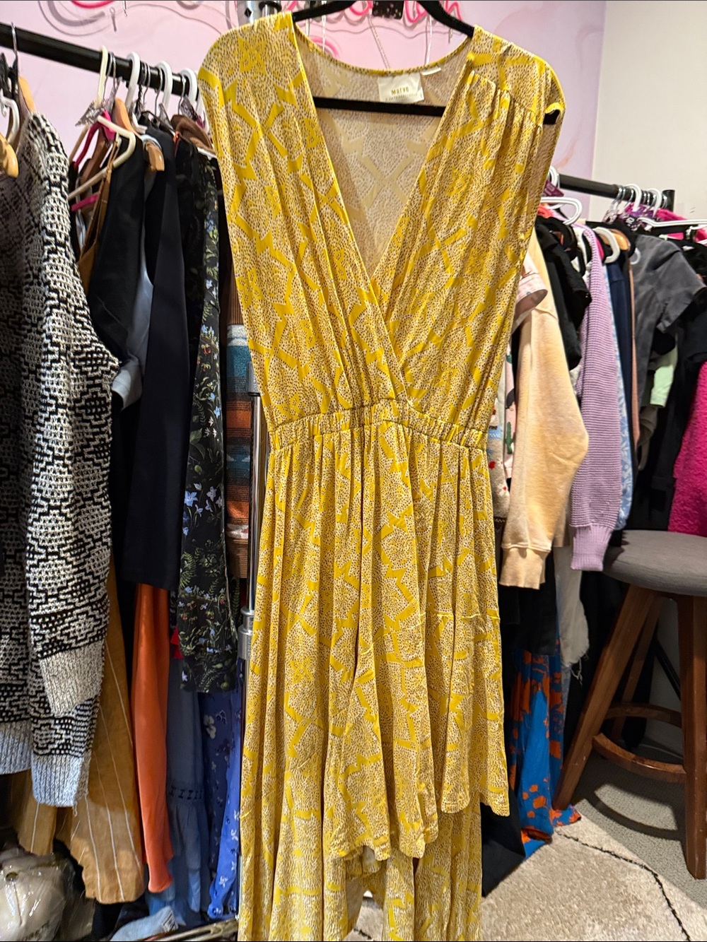 anthropologie Maeve fete Yellow Printed V-Neck High-Low Wrap Dress xs